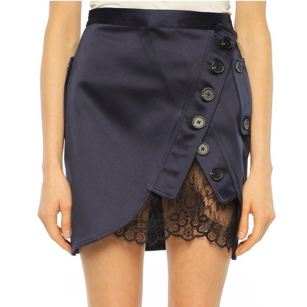 Self-Portrait Lace Trim Satin Buttoned Navy Skirt